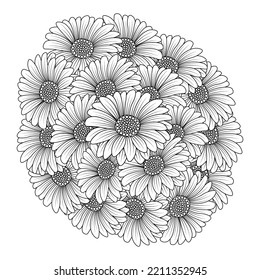 chamomile and daisy flower coloring page design with detailed line art vector graphic. beautiful flowers coloring page with decorative floral background design. blossom petal and leaves sketch 