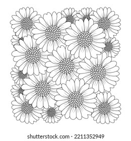 diseño de página de color de flores de manzanilla y margarita con gráfico de vectores de línea detallado. hermosa página de flores coloreadas con diseño decorativo de fondo floral. flor pétalo y hojas boceto 