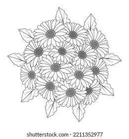 diseño de página de color de flores de manzanilla y margarita con gráfico de vectores de línea detallado. hermosa página de flores coloreadas con diseño decorativo de fondo floral. flor pétalo y hojas boceto