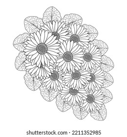 chamomile and daisy flower coloring page design with detailed line art vector graphic. beautiful flowers coloring page with decorative floral background design. blossom petal and leaves sketch 