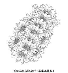 diseño de página de color de flores de manzanilla y margarita con gráfico de vectores de línea detallado. hermosa página de flores coloreadas con diseño decorativo de fondo floral. flor pétalo y hojas boceto