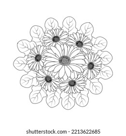 diseño de página de color de flores de manzanilla y margarita con gráfico vectorial de línea detallado.hermosa página de coloreado de flores con diseño de fondo floral decorativo. flor pétalo y deja boceto.