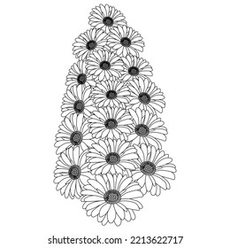 chamomile and daisy flower coloring page design with detailed line art vector graphic.beautiful flowers coloring page with decorative floral background design. blossom petal and leaves sketch.