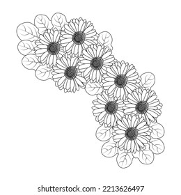 chamomile and daisy flower coloring page design with detailed line art vector graphic.beautiful flowers coloring page with decorative floral background design. blossom petal and leaves sketch.