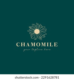 Chamomile, Daisy Flower Hand Drawn Vector Flat Logo Design. Vintage Botanical Feminine Illustration for Branding Identity, Web, Banners, Social Media, Postcards, Posters, Print. 