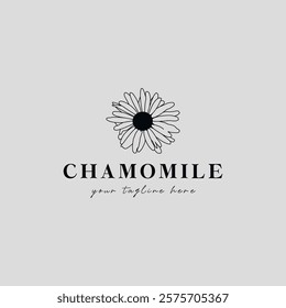 Chamomile, Daisy Flower Hand Drawn Vector Flat Logo Design. Vintage Botanical Feminine Illustration for Branding Identity, Web, Banners, Social Media, Postcards, Posters, Print.