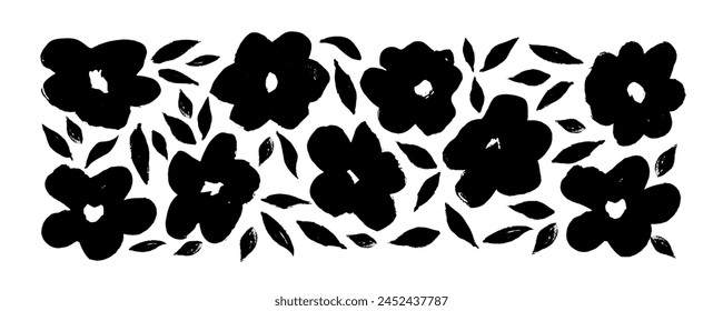 Chamomile or daisy hand drawn paint vector set. Black artistic botanical illustration. Isolated floral elements, grunge dry paint brush strokes.