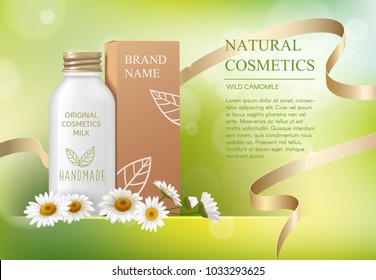 Chamomile daisy natural herbal cosmetic ads template skin care mockup with realistic glass bottle with twisting cover for liquid gel, soap, lotion, cream, shampoo, bath foam on green bokeh background