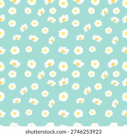 Chamomile Daisy Seamless Pattern Tiny Floral Repeat on Mint Green Background Vector Illustration