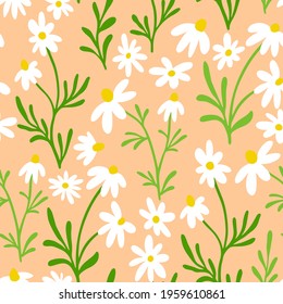 Chamomile and daisy seamless pattern. Wildflower print design with hand drawn flowers on light beige background. Simple field floral pattern for packaging, fabric design. Blossom herbs ornament.