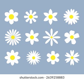 Chamomile Daisy  Set, Chamomile White Yellow Icon Collection Flat Design, Groovy Daisy Flowers Set, Abstract Daisy Chamomile  Flowers, Abstract Minimal Daisy Elements.