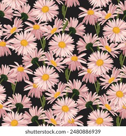 Chamomile Daisy Wildflower Background. Seamless Pattern on black. Hand Drawn Textile. Spring and Summer Meadow Repeat Illustration. 