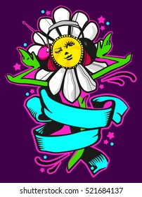 Chamomile. Dancing Chamomile on a purple background. Disco bright stars. Modern print on t-shirt, bag. Sticker. Hand drawn in vector.