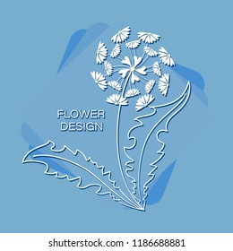 Chamomile dandelion on a blue background. Floral design. Logo, emblem, poster. Words and contour drawing of a dandelion in a square.
