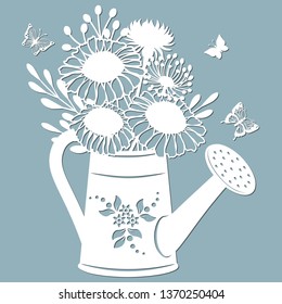 Chamomile, dandelion and stokesia in a jar of water. watering can. Vector illustration. Paper flower, stickers. Laser cut. Template for Plotter.  