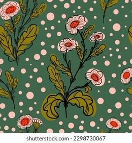 Chamomile doodle drawing with color and circles. Vector seamless floral pattern. For design, background, print, fabric, wallpaper, paper