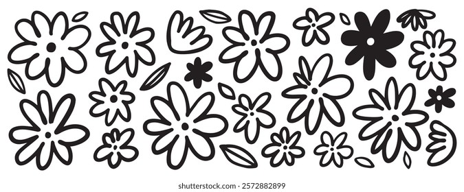 Chamomile doodle hand drawn line set. Ink drawing flowers freehand cute outline black clipart. . Vector illustration