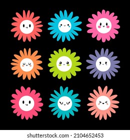 Chamomile emoji. Daisy flowers. Kawaii set of cute characters. Emotion collection. Vector illustration