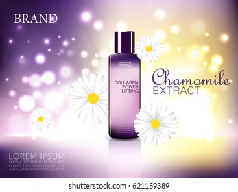 Chamomile extract cosmetic ads. Violet bottle with chamomile flowers on shiny violet and yellow background. Vector illustration.