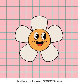 Chamomile face in groovy, retro and trippy styles. Cartoon face. Hippie 60s, 70s. On a pink background	