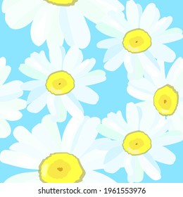 chamomile, field meadow, spring summer flowers, seamless pattern on a light blue sky background. Fashionable floral texture for printing, fashion, textiles, fabric, decoration, packaging. Vector