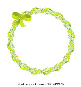 Chamomile field. Round colorful frame of flowers with ribbon.