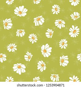 Chamomile flat flowers on green grass, hand drawn daisy blossom seamless vector background. Herbal decorative pattern. Meadow flowers with white petals for fabric, paper or card design.