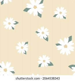Chamomile floral botanical seamless pattern design. Minimal white chamomiles flowers with foliage leaves on pastel yellow background. Simple elegant hand drawn vector square pattern design.