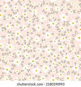 Chamomile floral mille fleur seamless pattern on pink background. Small summer flowers in simple scandinavian cartoon doodle style perfect for textile, wallpaper, fabric