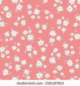 Chamomile floral mille fleur seamless pattern on pink background. Small summer flowers in simple scandinavian cartoon doodle style perfect for textile, wallpaper, fabric