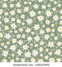 Chamomile floral mille fleur seamless pattern on green background. Small summer flowers in simple scandinavian cartoon doodle style perfect for textile, wallpaper, fabric