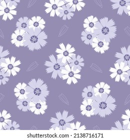 Chamomile floral purple seamless vector pattern background. Scattered groups of flower heads of ancient medicinal herb on lilac color backdrop. Painterly botanical flora. Nature garden flowers repeat.