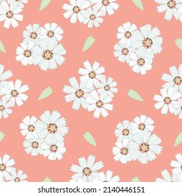 Chamomile floral purple seamless vector pattern background. Scattered groups of flower heads of ancient medicinal herb on pink color backdrop. Painterly botanical flora. Nature garden flowers repeat.