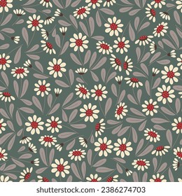 Kamille, nahtloses Muster aus floralem Gewebe. Handgezeichnete weiße Blumen auf grünem Hintergrund. Für Textilien, Verpackungspapier, Verpackungen, Scrapbooking, DIY Projekte.