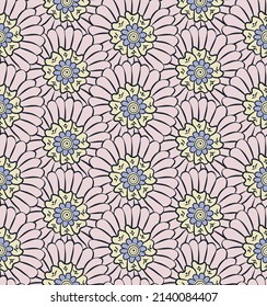 Chamomile floral seamless pattern. Indian mehndi style, hand drawing design. Vector. Cute background