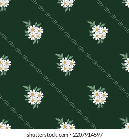 Chamomile floral seamless vector pattern background. Groups of flower heads of ancient medicinal herb dark green backdrop with stripy leaf garland. Botanical flora garden flowers all over print repeat