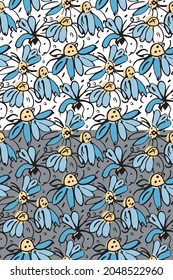 Chamomile floral vector seamless pattern. Hand drawn black ink brush stroke contour, daisy meadow flowers in blue yellow colors. Grey or white easy editable color background