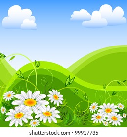 Chamomile flower cartoon landscape  hills