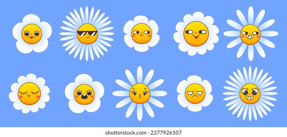 El personaje de flor de camomila adorable cara vectorial conjunto de iconos. El cómic de Groovy florece en la planta de la emoción floral. Pétalo blanco en camomila aislado emoticono de cabeza con una colección de emociones sonrientes y enojadas.