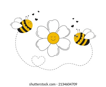 Chamomile flower with cute bee cartoon and heart isolated on white background vector illustration
Poster for nursery room, greeting cards, social media content, kids and baby clothes.