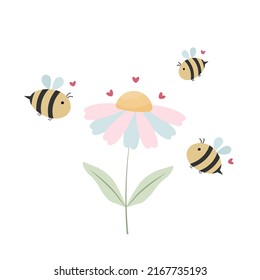 Chamomile flower with cute cartoon bees and hearts. Bees isolated on white background. Vector illustration for design and print