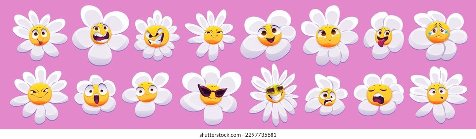 La flor de camomila enfrenta emociones aisladas conjunto de vectores. Icono de personaje de la planta de groovy de dibujos animados con sonrisa, expresión facial feliz y llorando. Y2k avatar de flor de chambre de chaflán psicodélico pop.