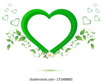 chamomile flower and green leaves in the shape of heart