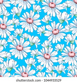 Chamomile flower hand drawing seamless pattern, vector floral background, floral embroidery ornament. Drawn buds white chamomile flower on bright blue backdrop. For fabric design, wallpapers