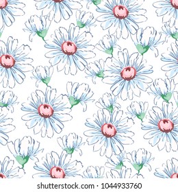 Chamomile flower hand drawing seamless pattern, vector floral background, floral embroidery ornament. Drawn buds white chamomile flower on white backdrop. For fabric design, wallpapers, decorating