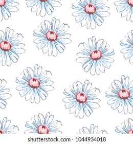 Chamomile flower hand drawing seamless pattern, vector floral background, floral embroidery ornament. Drawn buds white chamomile flower on white backdrop. For fabric design, wallpapers, decorating