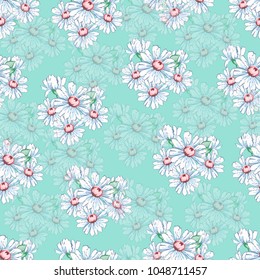 Chamomile flower hand drawing seamless pattern, vector floral background, floral embroidery ornament. Drawn buds white chamomile flower on green blue backdrop. For fabric design, wallpapers