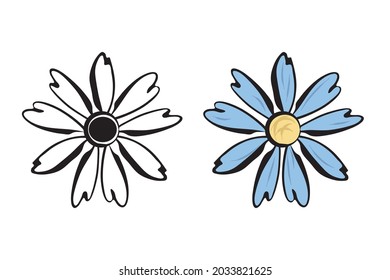 Chamomile flower icon set. Doodle sketch style design, hand drawn ink line, black paint brush  strokes. Two images in outline mode, blue yellow colored fill. White background. Vector illustration