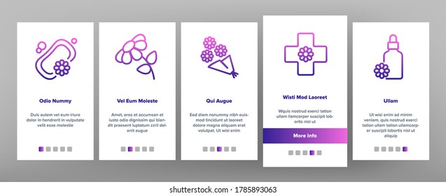Chamomile Flower Plant Onboarding Mobile App Page Screen Vector. Chamomile Tea Delicious Healthcare Drink, Bouquet And Bud, Soap And Cream Cosmetic Illustrations