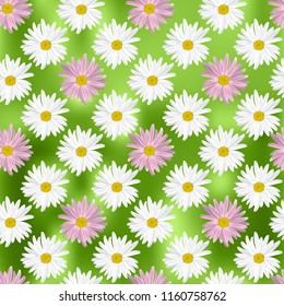 The chamomile flower. Seamless floral texture alternating white daisies in the shape of a square with purple daisies on a dark green abstract background, geometric pattern, vector